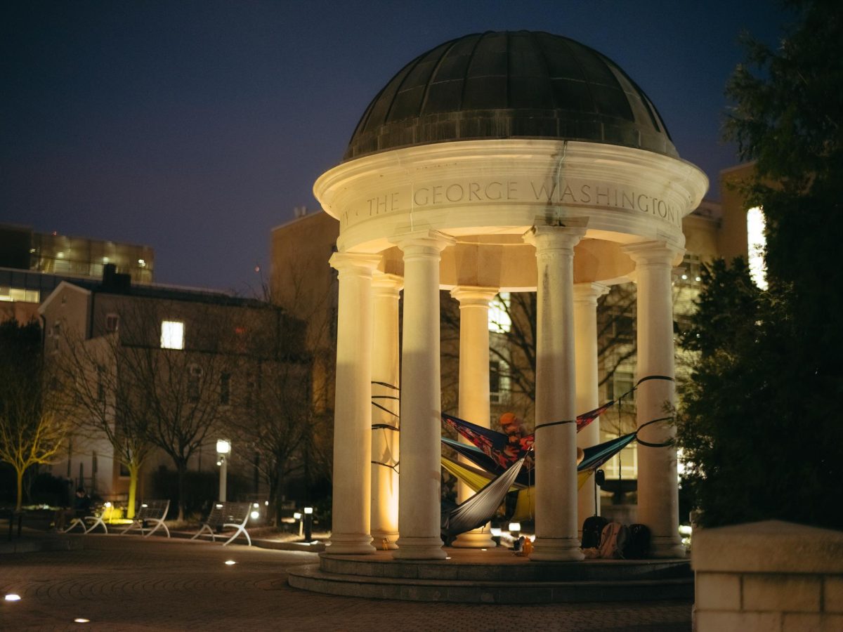 Students set up hammocks in the Kogan Plaza tempietto last semester.