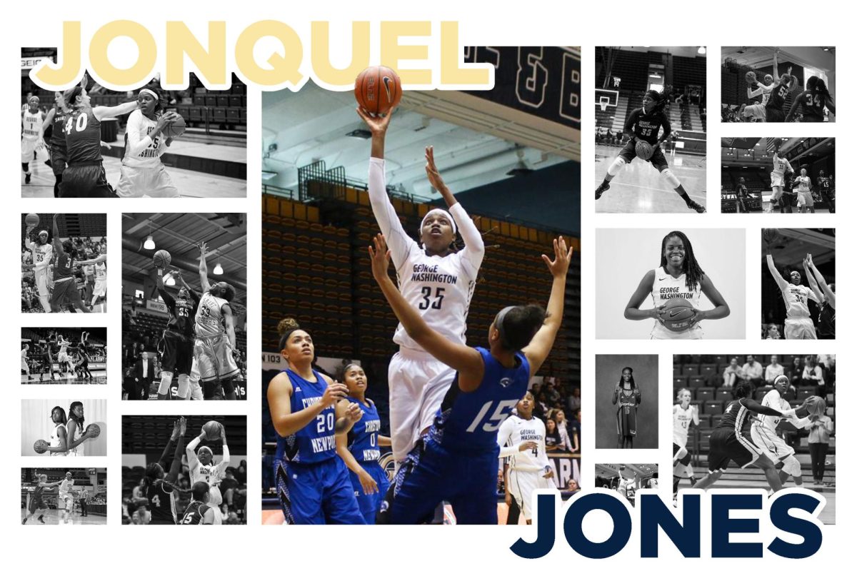 WNBA star Jonquel Jones during her time as a GW athlete.